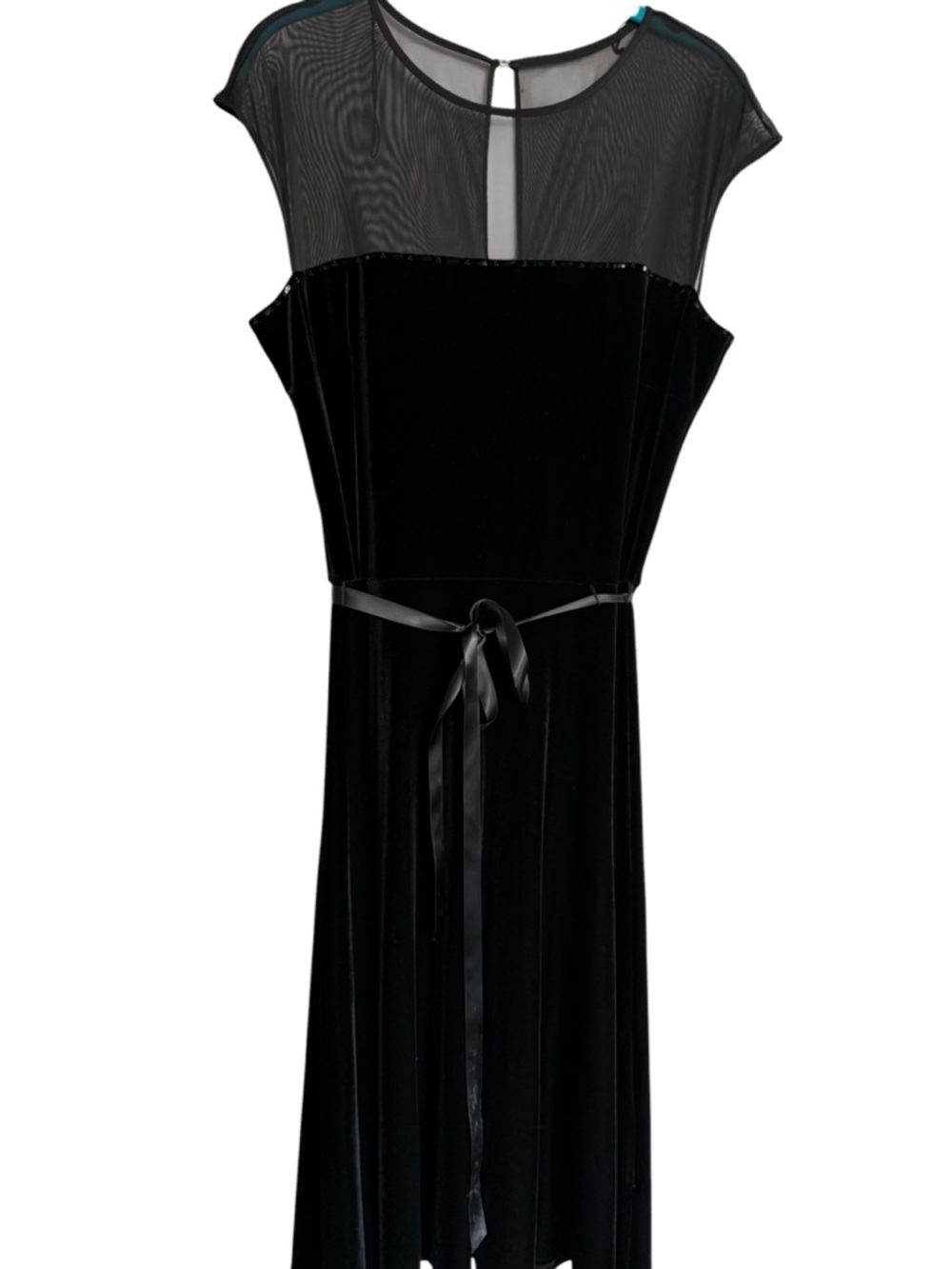London Times Black Velvet Midi Dress Sz 14 Sheer Illusion Bead Tie Waist